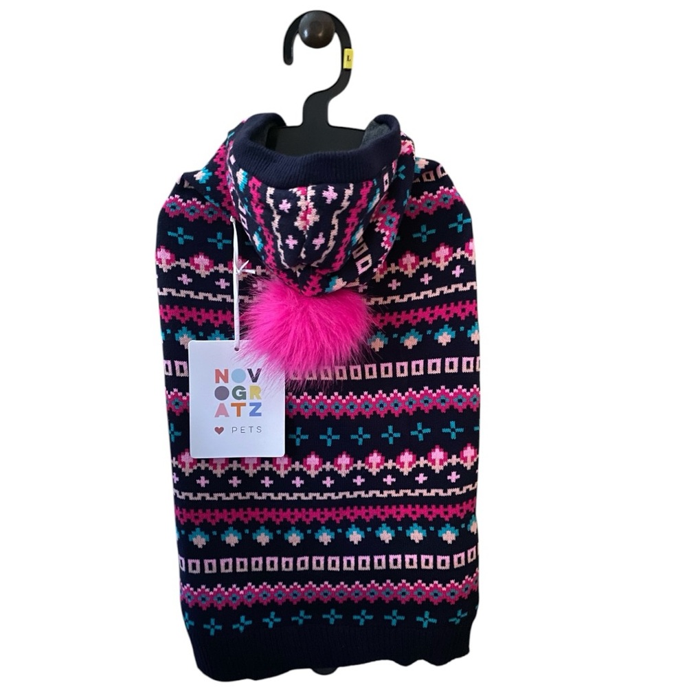 NWOT Novogratz Hot Pink/ Navy Doggy Sweater hoodie w/pink pom pom size sm/med